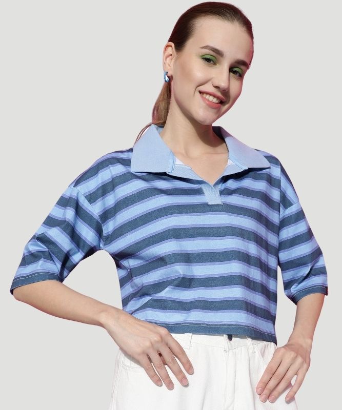 Women's Blue Striped Half Sleeves Loose Fit Top